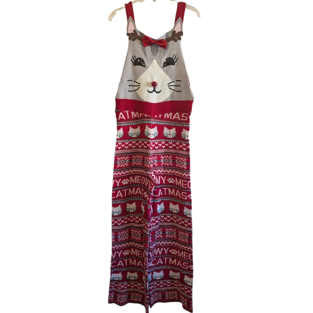 Eyeshadow Meowy Catmas Reindeer Cat Holiday Sweater Jumpsuit Red Grey Large
